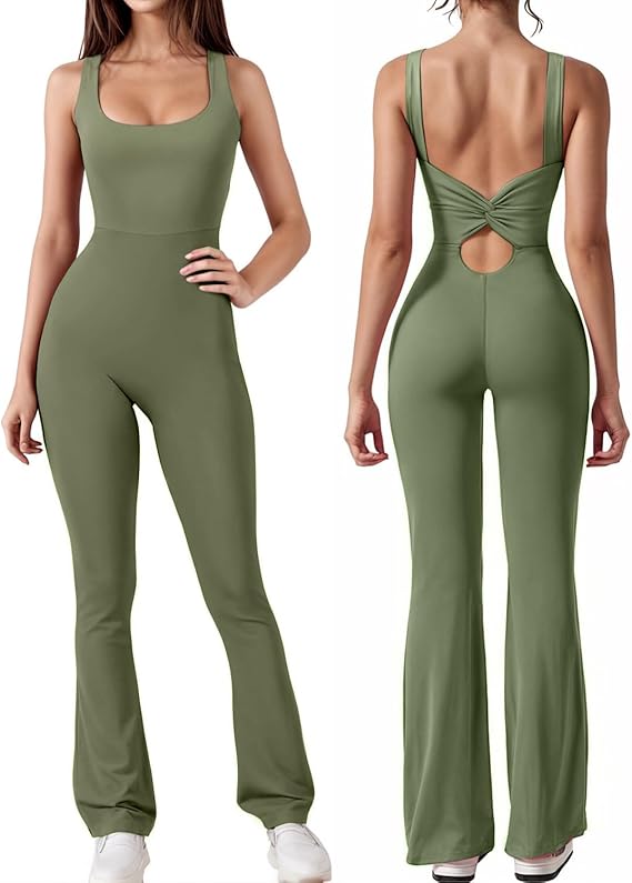 Photo 1 of Medium Army Green Tanou Flare Jumpsuits for Women Strappy Square Neck Backless Bodycon Full Length One Piece Stretch Jumpsuit - 55" Long From Strap To Bellbottoms