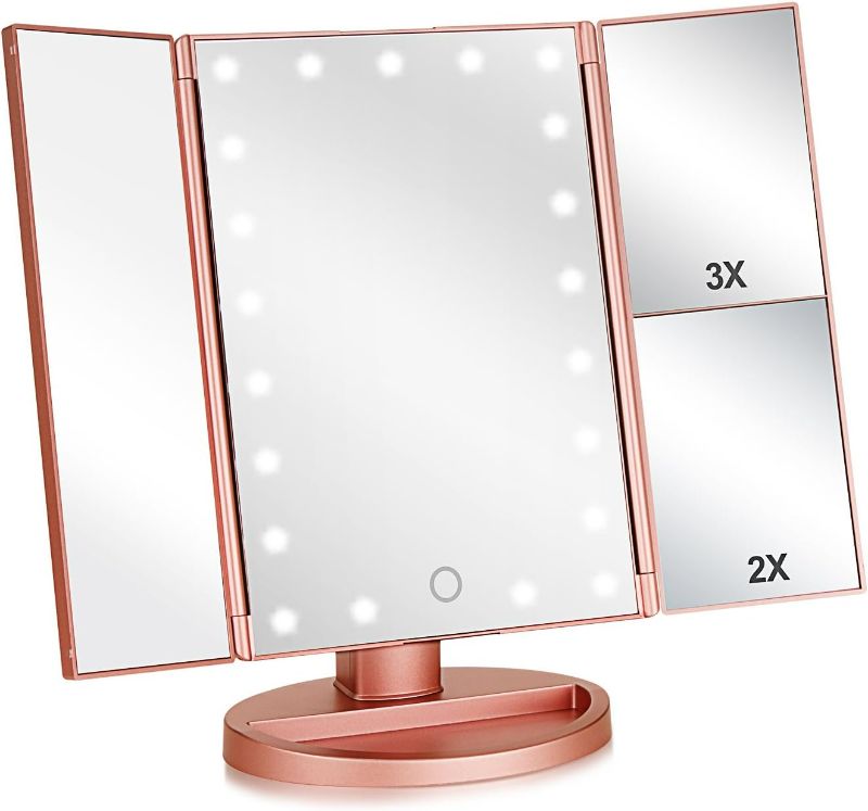 Photo 1 of Tri-fold Lighted Vanity Makeup Mirror with 3x/2x Magnification,21 LEDs Light and Touch Screen,180 Degree Free Rotation Countertop Cosmetic Mirror,Travel (Rose Gold)