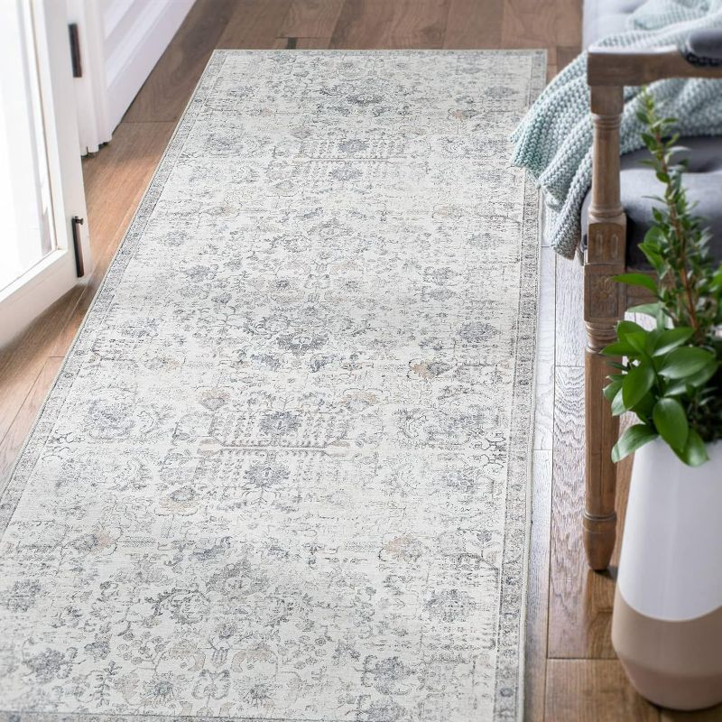 Photo 1 of jinchan Rug 2x10 Washable Rug Area Rug Vintage Hallway Indoor Floor Stair Runner Thin Rug Retro Distressed Carpet Grey Floral Country Accent Rug Non Slip Bathroom Kitchen Bedroom Living Room Stairway
