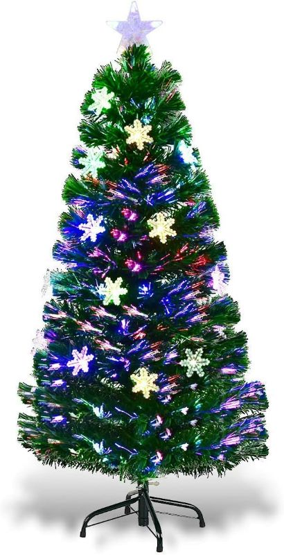 Photo 1 of Goplus 4ft Fiber Optic Artificial Christmas Tree, Pre-Lit Xmas Tree with Colorful Snowflake LED Lights, 125 Branch Tips, Foldable Metal Base, for Holiday, Office, Home Decor
