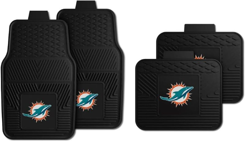 Photo 1 of Fanmats Miami Dolphins Set of 4 Car Mats for Cars, SUV, Pickups - All Weather Technology Protection, Deep Reservoir design, Universal Fit - 3D NFL Team logo - 29” x 17” Front - 14” x 17” Rear Mat
