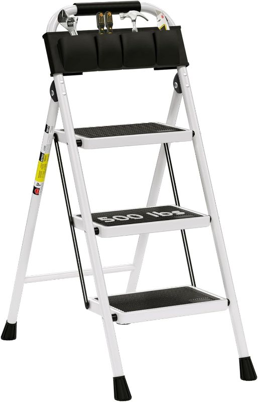 Photo 1 of 3 Step Ladder EFFIELER Folding Step Stool with Wide Anti-Slip Pedal, 500 lbs Sturdy Steel Ladder, Convenient Handgrip, Lightweight, Portable Steel Step Stool for Household, Kitchen (White)
