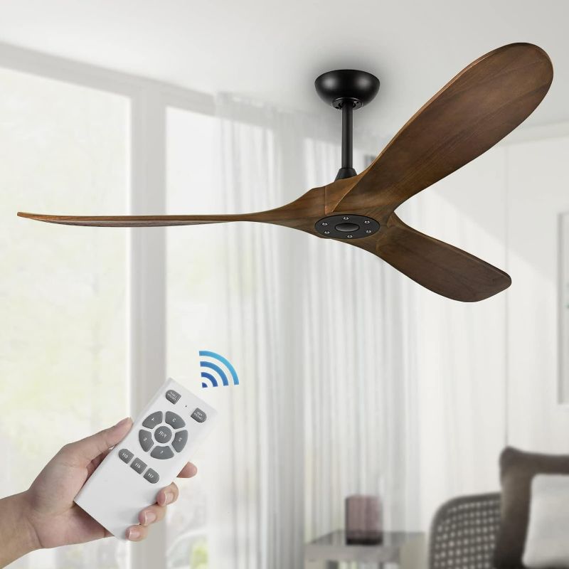 Photo 1 of Large Ceiling Fans without Light, 60 Inch Modern Ceiling Fan with 3 Wood Blades, Noiseless Reversible DC Motor and Remote, for Outdoor Patios Indoor Bedroom Living Room Farmhouse, Dark Walnut
