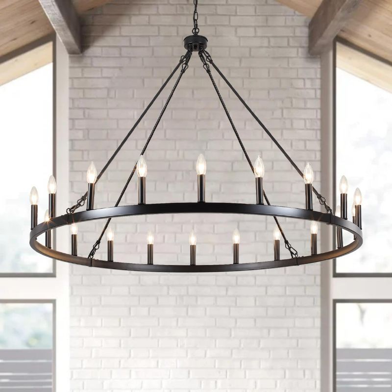 Photo 1 of 47.2 inches Black Wagon Wheel Chandelier- 20 Light Large Farmhouse Chandelier Rustic Country Industrial Round Pendant Light Fixture for High Ceiling Dining Room Living Room Entryway