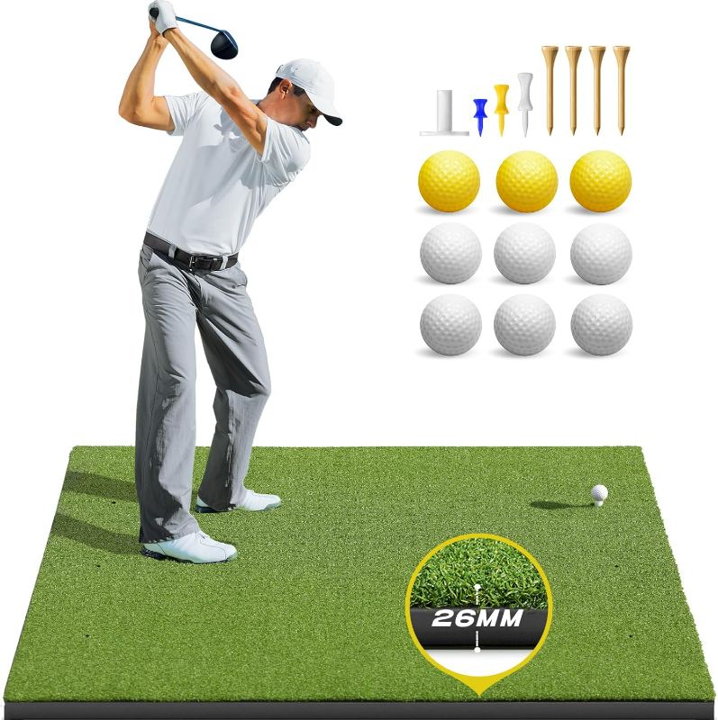 Photo 1 of Golf Mat, 5x4ft Golf Hitting Mats Practice Outdoor Indoor, Artificial Turf Golf Practice Mats with Rubber Tees, 9 Golf Balls, 8 Golf Tees