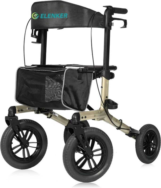 Photo 1 of ELENKER All-Terrain Rollator Walker with Non-Pneumatic Tire 12” Front Rubber Wheels, Compact Folding Design for Seniors (Champagne)
