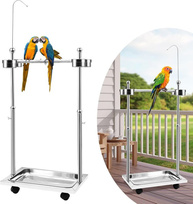 Photo 1 of Bird Stand Metal 21.65 x 15.35 x 27.95 Parrot Stand Adjustable Height Parrot Perch Stainless Steel Parrot Playstand Bird Play Stand with Universal Wheels and Feeding Bowls for Parrot Bird
