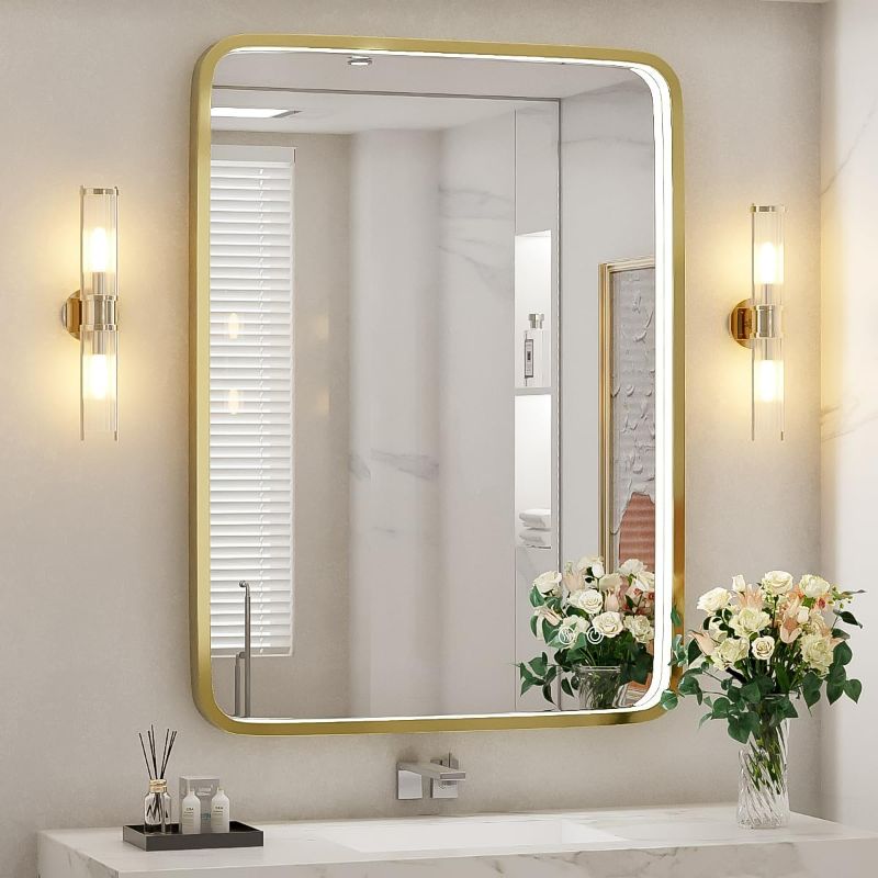 Photo 1 of 28x36 Inch LED Bathroom Mirror with lights,Wall Mounted Lighted Vanity Mirrors with Non-Rusting Gold Metal Frame Anti-Fog Memory Funtion Stepless Dimmable for Bathroom Decor(Horizontal&Vertical)
