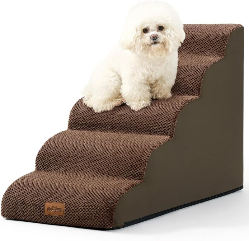 Photo 1 of Dog Stairs Dog Steps Dog Ramp for Small dogs and Cats,Pets Stairs Pets Steps with High density lightweight Sponge Suitable for High Beds Sofa(Brown,Five Steps)
