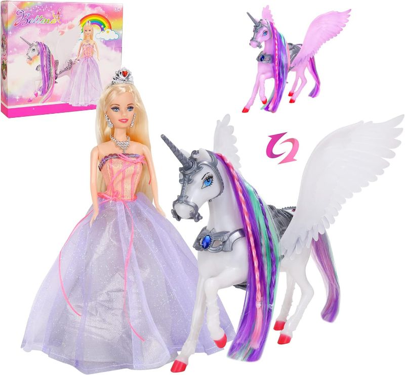 Photo 1 of BETTINA Color Changing Unicorn & Princess Doll, Color Change on Whole Unicorn under Sunshine, 11.5'' Princess Doll Toy, Unicorn Toys with Removable Saddle&Wings
