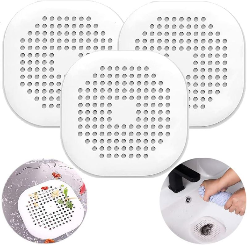 Photo 1 of 3 Pack Drain Cover Hair Catcher Pad, Silicone Tube Trap Shower with Sucker for Bathroom Kitchen, 5.5" Flat Square Rubber Strainer Plug Filter Bathtub Sink Home Drain Protectors, White
