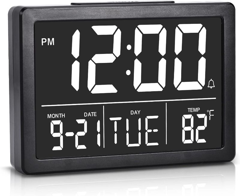 Photo 1 of Amgico Digital Alarm Clock with Snooze, Small Clock/Table Clock, 6.3" LED Digital Calendar, 12/24H, Adjustable Brightness/Volume, Desk Clock for Bedroom, Living Room, Office - Black
