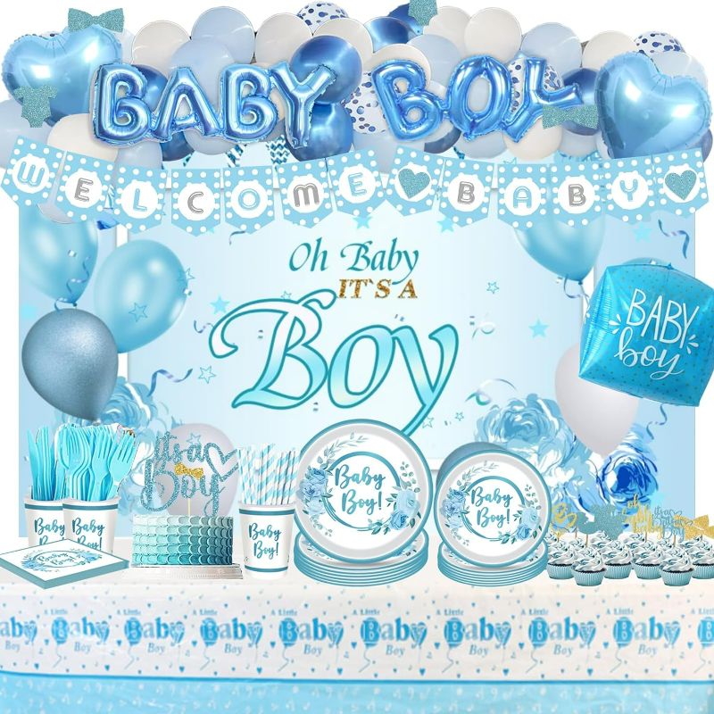 Photo 1 of 221 PCs Baby Shower Decorations for Boy, Hombae Blue Baby Shower Decorations Its a Boy Backdrop Balloon Garland Banner Box Cutout Tablecloth Cake Cupcake Topper Plate Napkin Straw Cup Knife Fork Spoon
