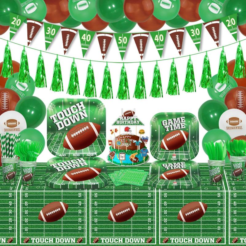 Photo 1 of Football party decorations Football Theme Party Supplies Dinnerware Touch Down Plate Napkin, Banner for Sports Theme Birthday Party Football Gameday Tailgate Party Decorations