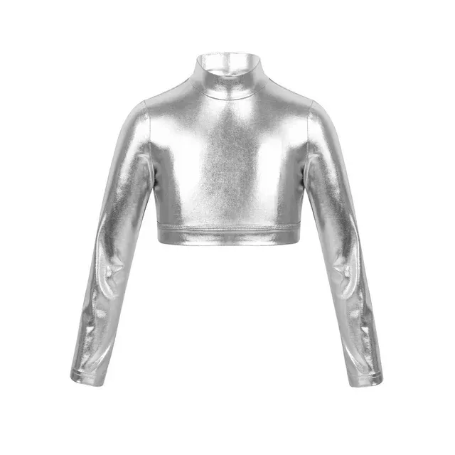 Photo 1 of (M) Alvivi Kids Girls Glossy Metallic Long Sleeve Mock Neck Crop Top Jazz Hip Hop Modern T-shirt Dancewear