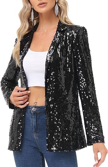 Photo 1 of (XL) Women's Sequin Jackets Open Front Blazer Jacket Casual Long Sleeve Sparkly Cardigan Coat with Pocket Size XL