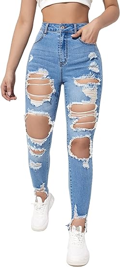 Photo 1 of (S) Women's High Waisted Ripped Raw Hem Skinny Jeans Distressed Cut Out Pants Size Small