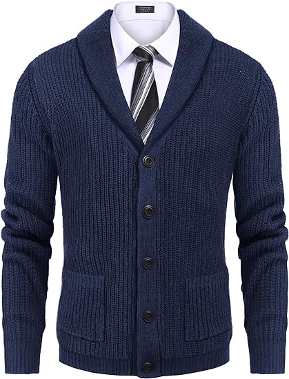 Photo 1 of (XL) COOFANDY Men's Shawl Collar Cardigan Sweater Slim Fit Cable Knit Button up Sweater with Pockets Size Xlarge