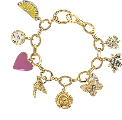 Photo 1 of Womens Jewelry Gold Charm Bracelet with Crystal, Shamrock, Bee, Flower, Lemon, Heart, Bird, Floral, Butterfly