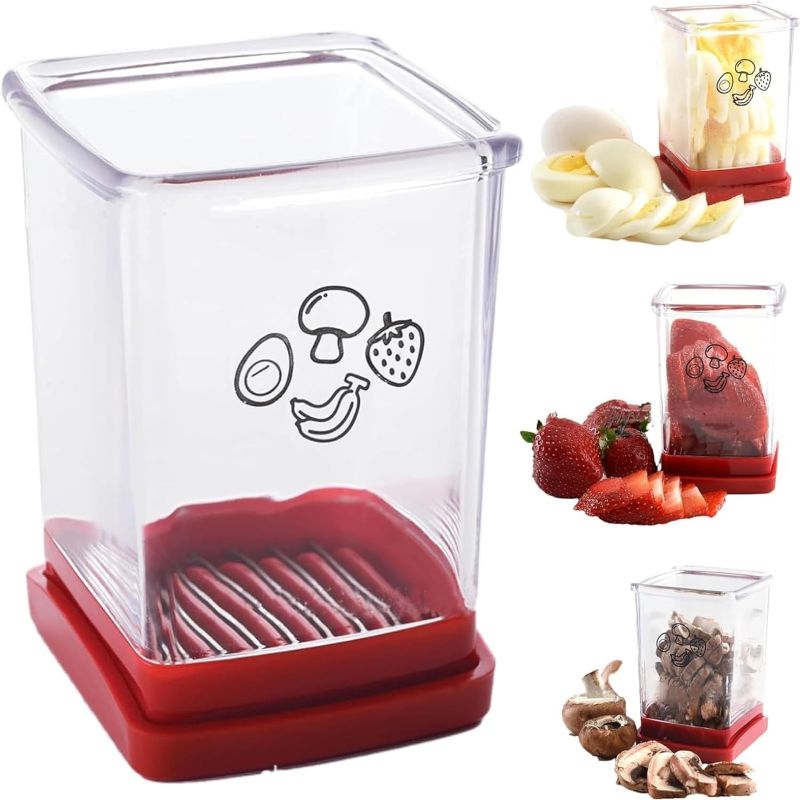 Photo 1 of New Speed Slicer with Push Plate, Fruit Slicer Cup Egg Slicer Stainless Steel Banana Strawberry Cutter Kitchen Portable, Red, 3" L x 3" W x 4.25" H (Red)