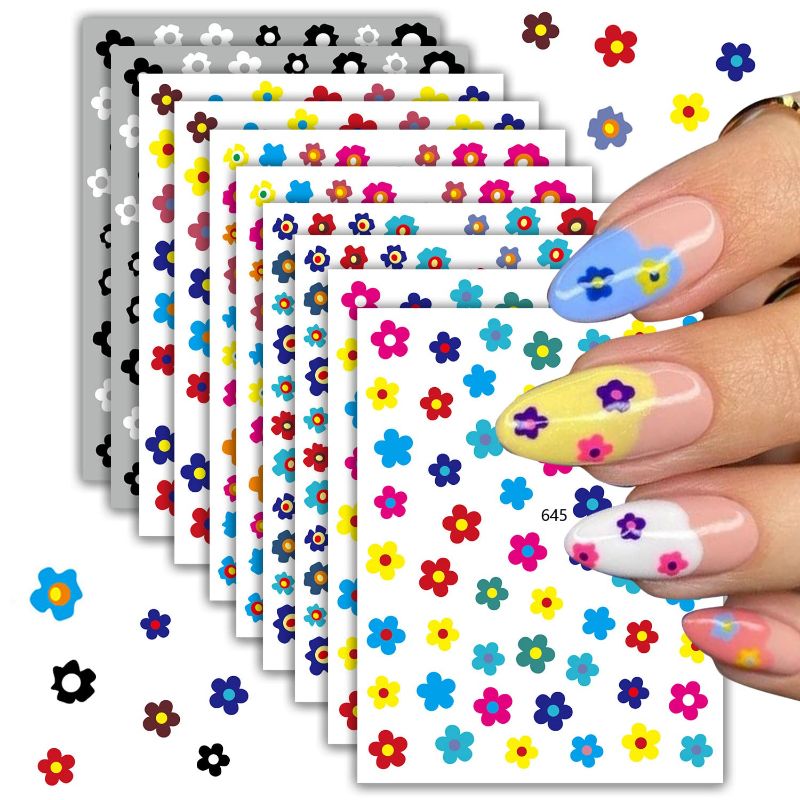 Photo 1 of Flower Nail Art Stickers Floral Nail Decals 3D Self-Adhesive Colorful Flower Design Stickers Cute Pink Black White Flower Spring Nail Art Supplies for Women Girls DIY Manicure Decorations 10 Sheets