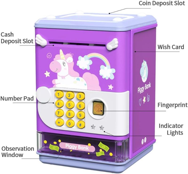Photo 1 of Deejoy Piggy Bank Toy Electronic Mini ATM Savings Machine with Personal Password & Fingerprint Unlocking Simulation - Music Box with Songs for Kids, Boys and Girls Age 3-8 Years (Purple)
