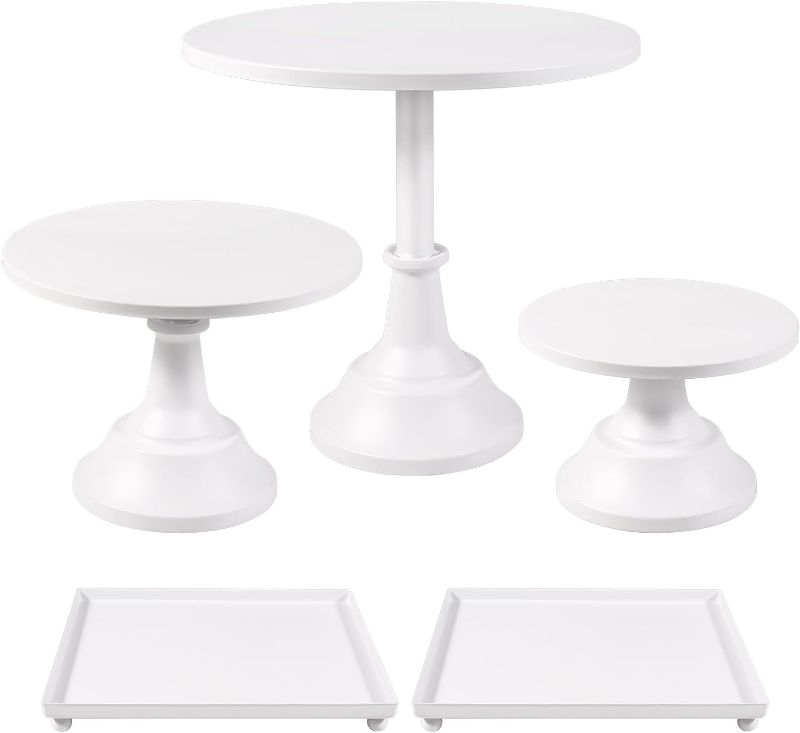 Photo 1 of White Cake Stand, 5Pcs Metal Cake Display Stand, Dessert Table Decorations Set for Christmas Wedding Birthday Parties Anniversary (3 Round Cake Stands & 2 Dessert Tray)