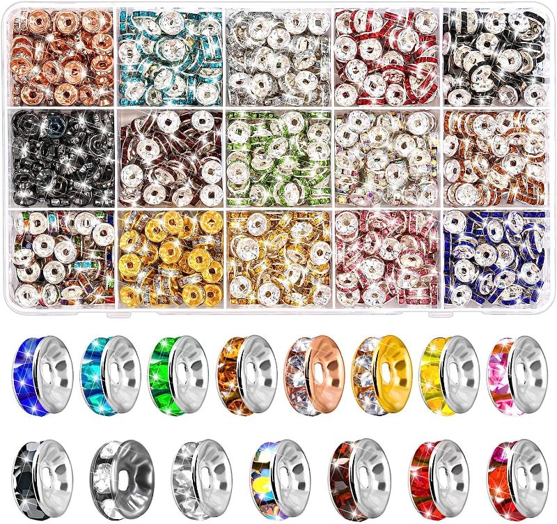 Photo 1 of 900 Pieces Rondelle Spacer Beads for Jewelry Making, 8mm Rhinestone Spacer Beads Crystal Bead Spacers for Bracelets, Focal Beads for Pen, 15 Colors