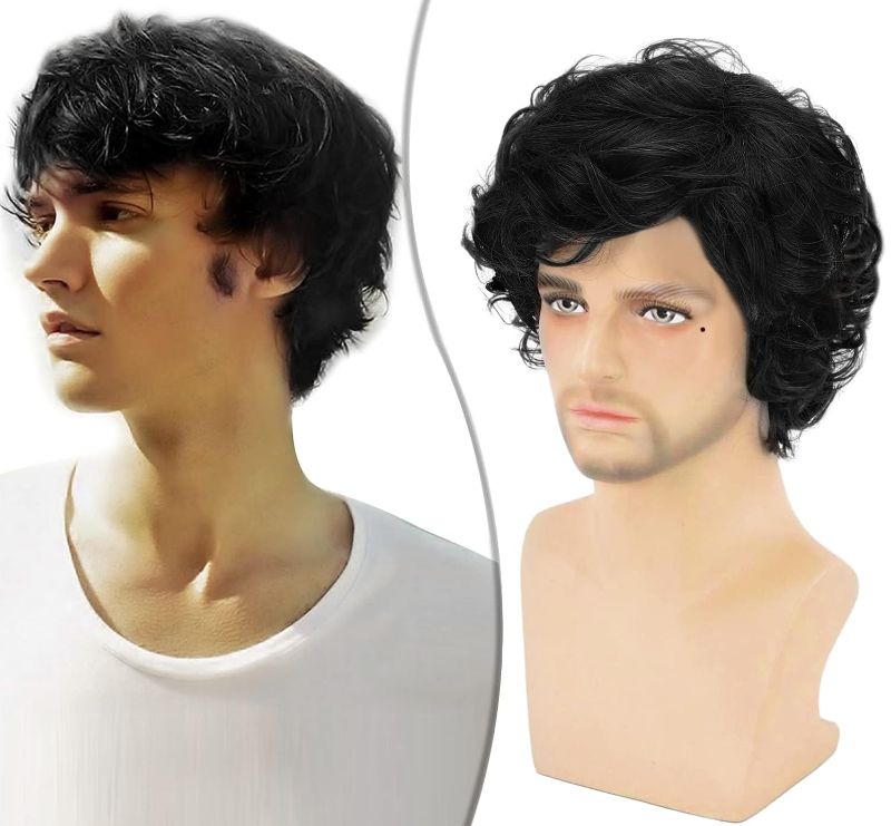 Photo 1 of Mens Black Wig Short Black Male Wig Fluffy Wavy Black Wig for Men Boys Natural Synthetic Male Halloween Costume Wig (Black)