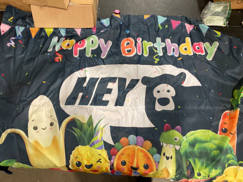Photo 1 of Hey Bear Backdrop Black Happy Birthday 5x3ft Hey Bear Veggies 1st Birthday Decorations Background Vinyl Hey Bear Fruit Birthday Decorations Banner for Kids Party Supplies