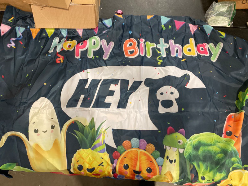 Photo 2 of Hey Bear Backdrop Black Happy Birthday 5x3ft Hey Bear Veggies 1st Birthday Decorations Background Vinyl Hey Bear Fruit Birthday Decorations Banner for Kids Party Supplies