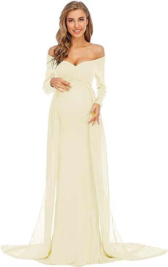 Photo 1 of (XL) Maternity Off Shoulder Long Sleeve Fitted Gown Maxi Chiffon Dress for Photo Shoot Baby Shower