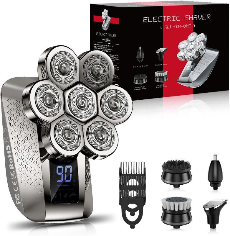 Photo 1 of Head Shavers for Bald Men, IPX7 Waterproof Shaver, 7D Rechargeable Rotary Shaver, 5 in 1 Grooming Kit for Men, Wet/Dry Shaver Hair Trimmer with LED Display, USB Charging, Storage Bag-Silver