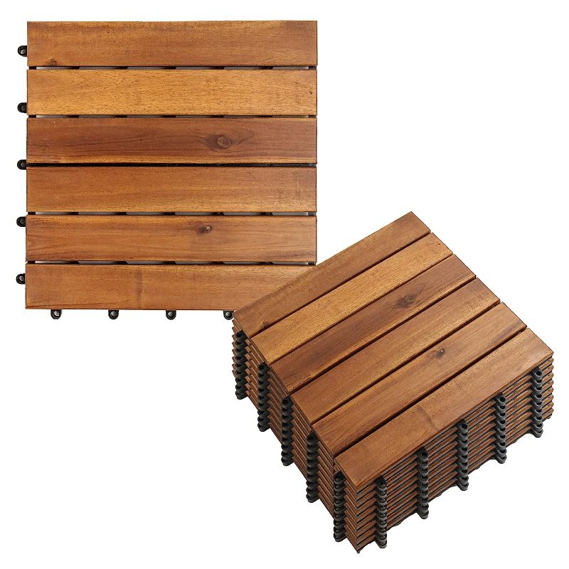 Photo 1 of Acacia Wood Interlocking Deck Tiles for Outdoor/Indoor - (Pack of 7) 12"x12" All Weather Balcony Flooring - Snap Click Together Patio Tiles - Portable Waterproof Dance Floor Covering, Outside Walkway