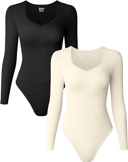 Photo 1 of (M) OQQ Women's 2 Piece Bodysuits Sexy Ribbed One Piece Long Sleeve Sweetheart V Neck Tops Bodysuits
