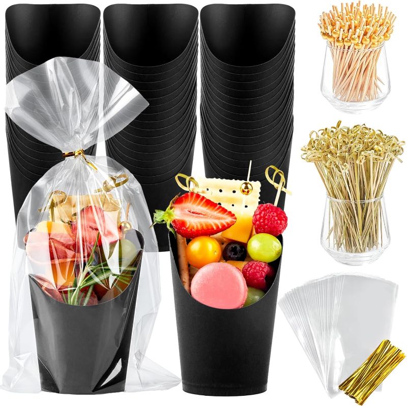 Photo 1 of 50 Sets 14 oz Charcuterie Cups with Sticks, Individual Black Paper Charcuterie Boxes Disposable Snack Serving Cups for Fruits Appetizers (50 Cups + 200 Cocktail Picks + 50 Bags)