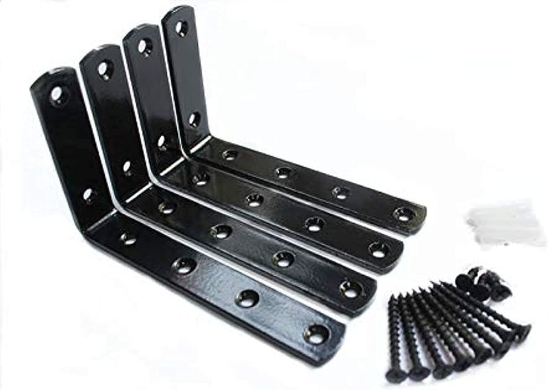 Photo 1 of 4 Pcs Steel Heavy Duty"L" Corner Brace Joint Angle Bracket Shelf Bracket Wall Hanging with Screws 125mmX75mm/5 InchX3 Inch Decorative Corner Brackets Joint Angle Bracket Glossy Black