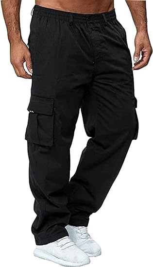 Photo 1 of (S) Men's Cargo Pants with Pockets Cotton Hiking Sweatpants Casual Athletic Jogger Sports Outdoor Trousers Relaxed Fit