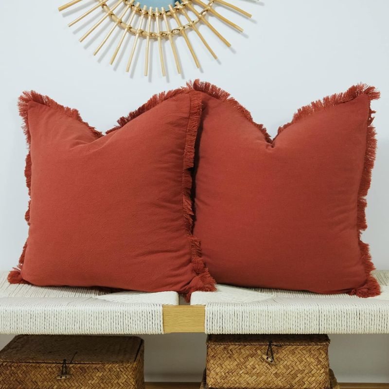 Photo 1 of Pack of 2 Decorative Natural Linen Pillow Cover with Tassel Trim Farmhouse Boho Fringed Square Cushion Case for Sofa Couch 18 x 18 Inch Burnt Brick