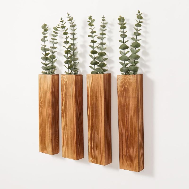 Photo 1 of Wood Wall Planters with Artificial Eucalyptus, Modern Farmhouse Wall Decor for Living Room, Bedroom, Bathroom, Wooden Pocket Hanging Wall Vase with Faux Plant Decor (4 Pack)
