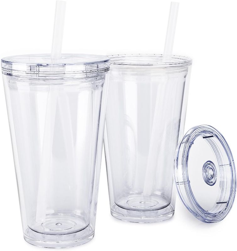 Photo 1 of Classic Acrylic Tumbler with Lid and Straw | 16oz Premium Insulated Iced Coffee Cups, Double Wall Reusable Plastic Cups - Clear, 2 Pack