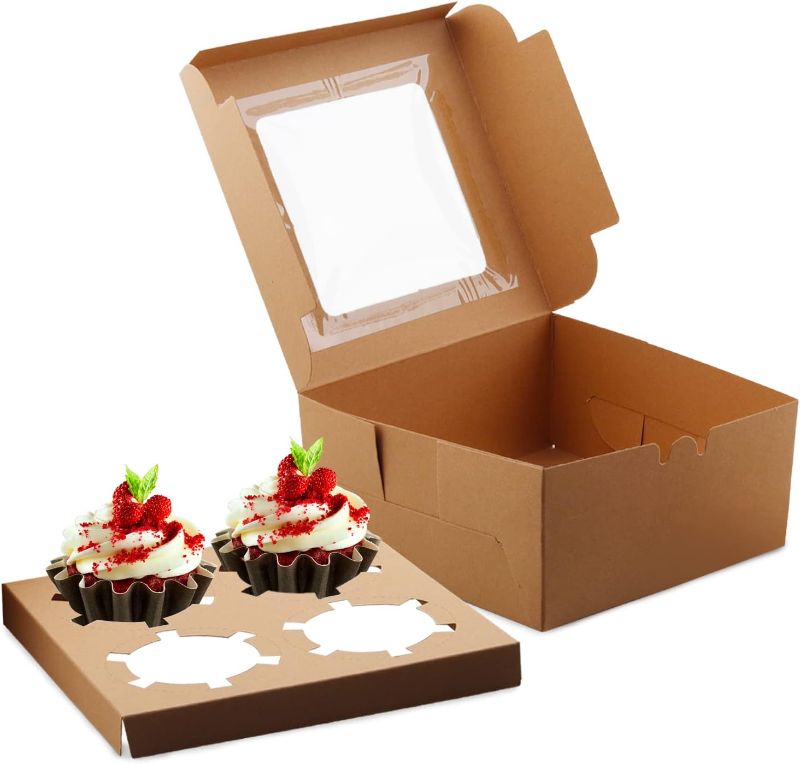 Photo 1 of Kraft Cupcake Boxes with Inserts and Display Windows Cupcake Boxes Hold 4 Standard Cupcakes for Cookies, Bakeries, Muffins and Pastries
