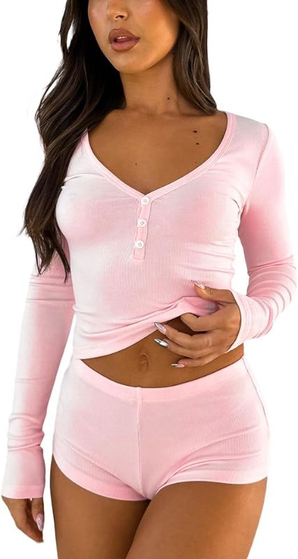 Photo 1 of Size Small Women Sexy Pajamas Shorts Set Y2k Matching Suit Long Sleeve Crop Shirt Top Mini Leggings Shorts 2 Piece Bodycon Loungewear(D Ribbed Pink,S)