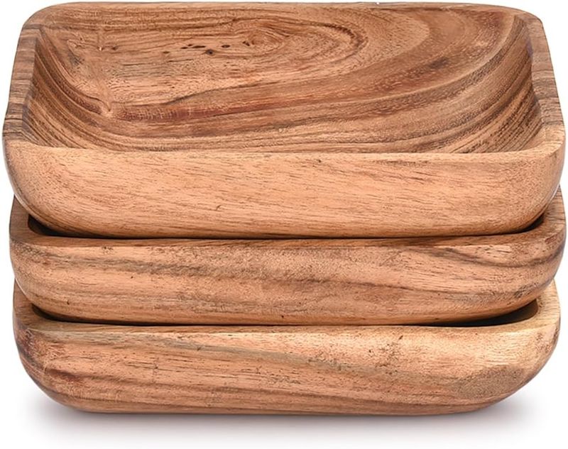 Photo 1 of Acacia Wood Salad Plates for Sandwich Bread Fruit Salad Snack Dough Candy Serving Appetizer Display Set of 3 (6" x 4" X 1.5")