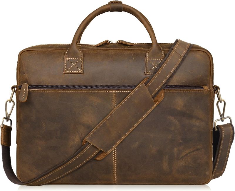 Photo 1 of Jack&Chris Leather Messenger Bag for Men, Brown Leather Briefcase Mens Vintage 14 inch Leather Laptop Bag Computer School Distressed Bag