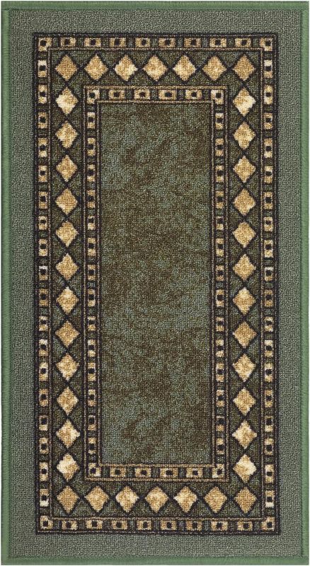 Photo 1 of Antep Rugs Alfombras Modern Bordered 2x4 Non-Skid (Non-Slip) Low Profile Pile Rubber Backing Kitchen Area Rugs (Green, 2'3" x 4')