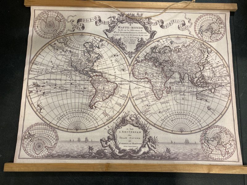 Photo 2 of XIAOAIKA Vintage World Map Print on Cloth with Wooden Hanger - Antique Hemisphere Wall Hanging Decor, Retro Style Home and Office Decoration, 17th Century Map Design, Amsterdam Edition 39 x 29 Inches