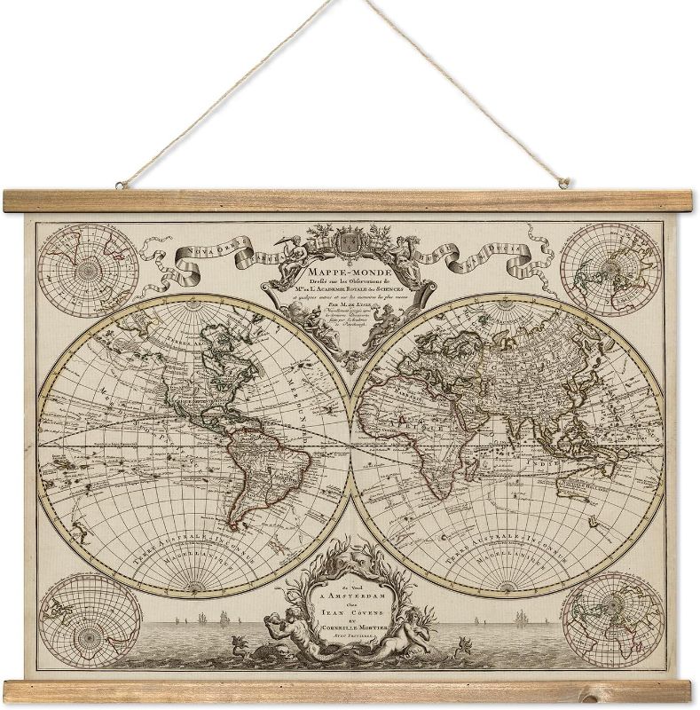 Photo 1 of XIAOAIKA Vintage World Map Print on Cloth with Wooden Hanger - Antique Hemisphere Wall Hanging Decor, Retro Style Home and Office Decoration, 17th Century Map Design, Amsterdam Edition 39 x 29 Inches