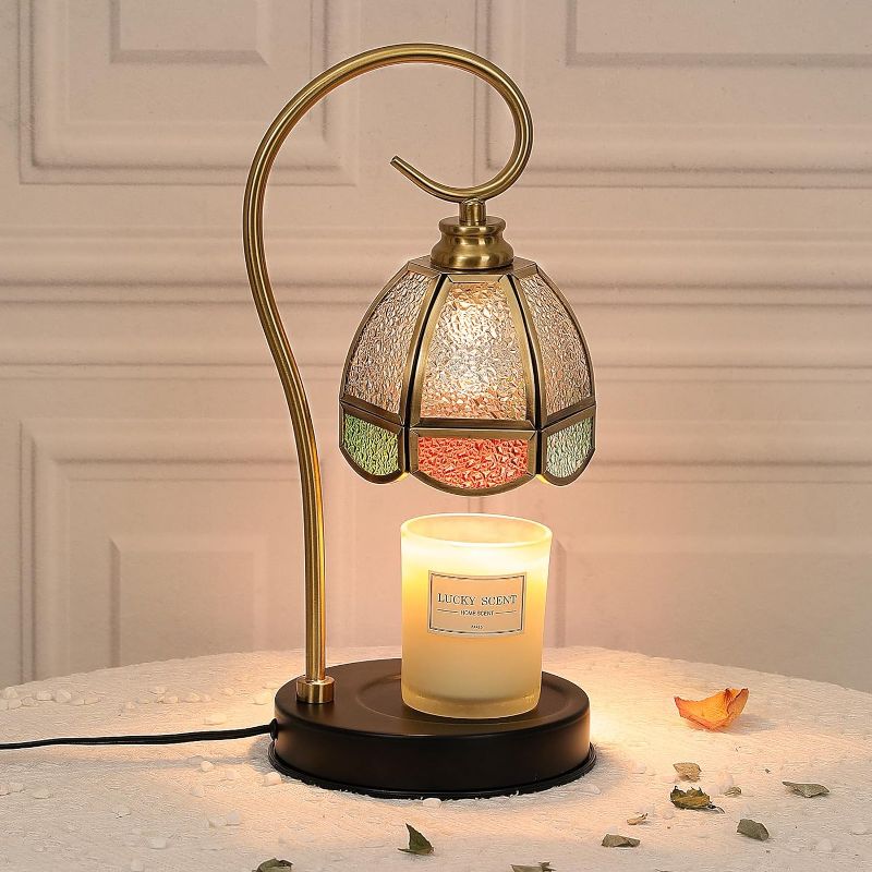 Photo 1 of Lewondr Candle Warmer Lamp, Electric Candle Warmer with 2 Bulbs, Dimmable Candle Melting Lamp for Jar Candles, Vintage Scented Wax Melt Warmer with Stained Glass Shade Gift for Mom Bedroom Home Decor