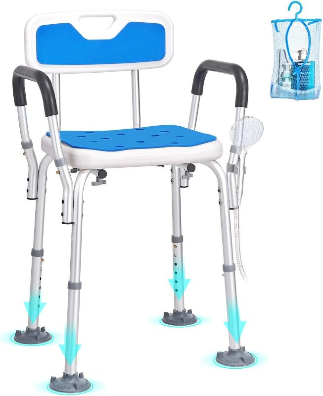 Photo 1 of VEVOR Shower Chair Seat with Padded Arms and Back, Shower Stool with Suction Feet, Shower Chair for Inside Shower Bathtub, Adjustable Height Bench Bath Chair for Elderly Disabled, 400 lbs Capacity